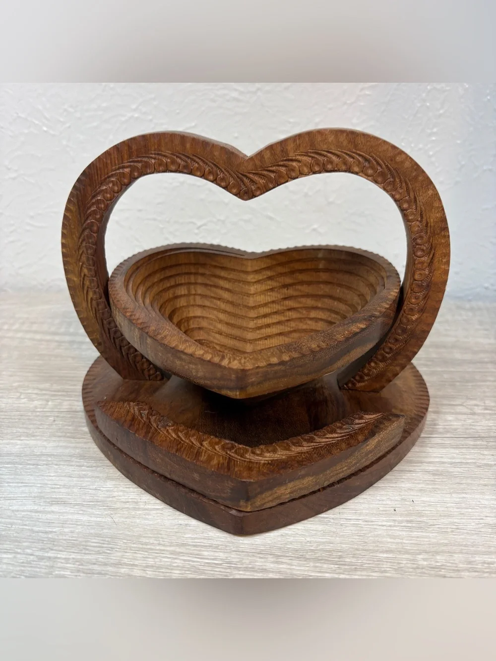 Vintage Hand Carved Heart Shaped Collapsible Wooden Fruit Basket Folding Trivet